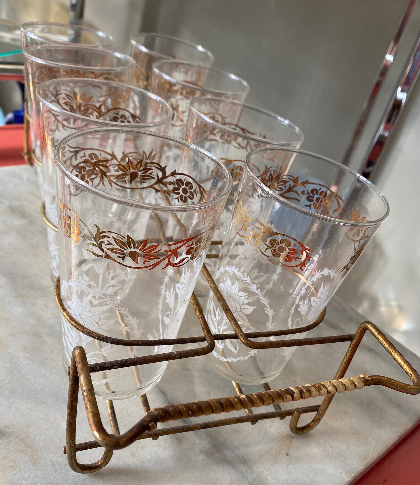 Mid-century Federal Glass Collins Set: Gold Floral Tumblers & Caddy, MCM