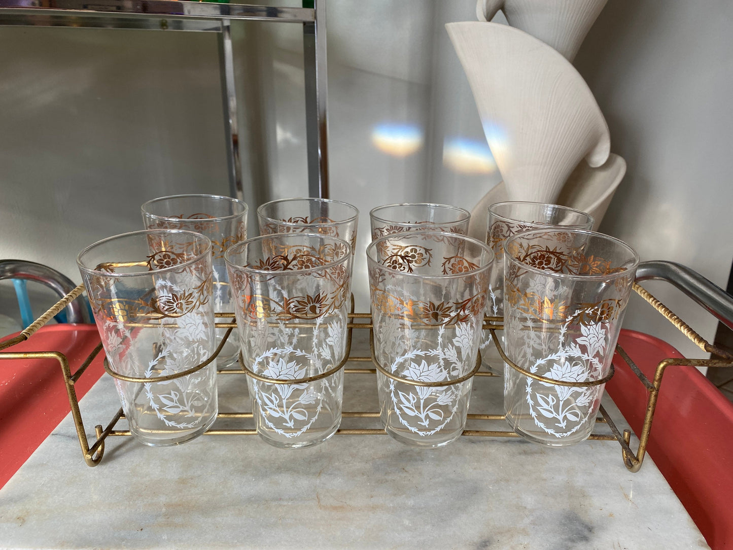 Mid-century Federal Glass Collins Set: Gold Floral Tumblers & Caddy, MCM