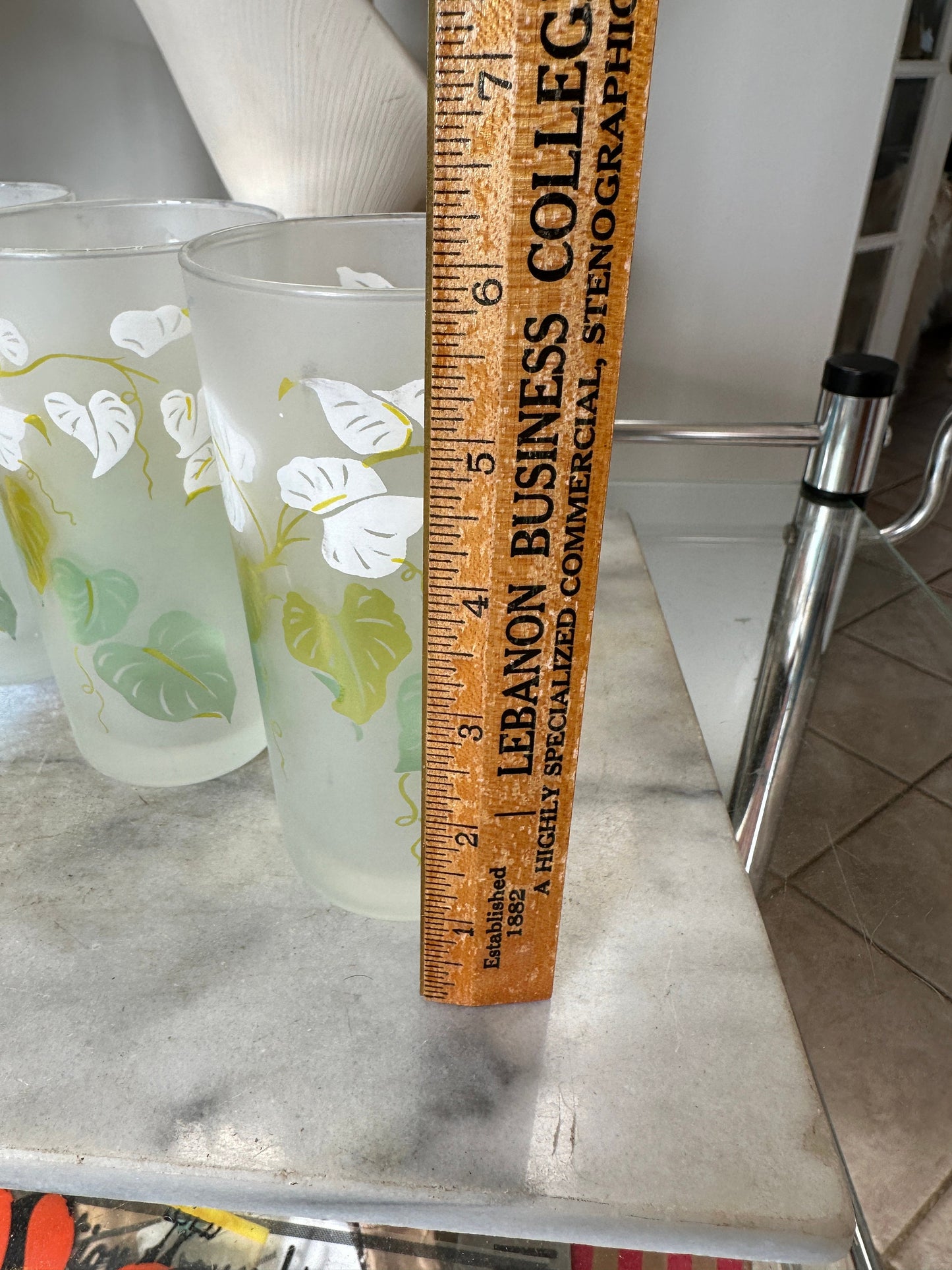 Vintage Set of 4 Tall Frosted w/ Flower Design Glasses  5-7/8"