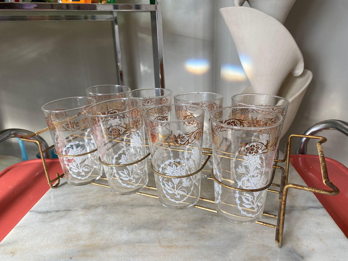 Mid-century Federal Glass Collins Set: Gold Floral Tumblers & Caddy, MCM