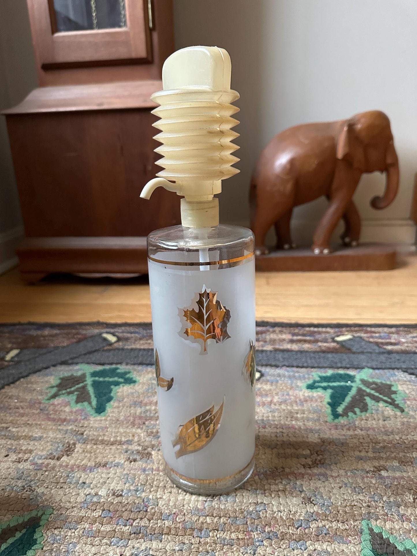 Libbey Golden Foliage Liquor Dispenser Set: MCM Barware with Two Cocktail Glasses