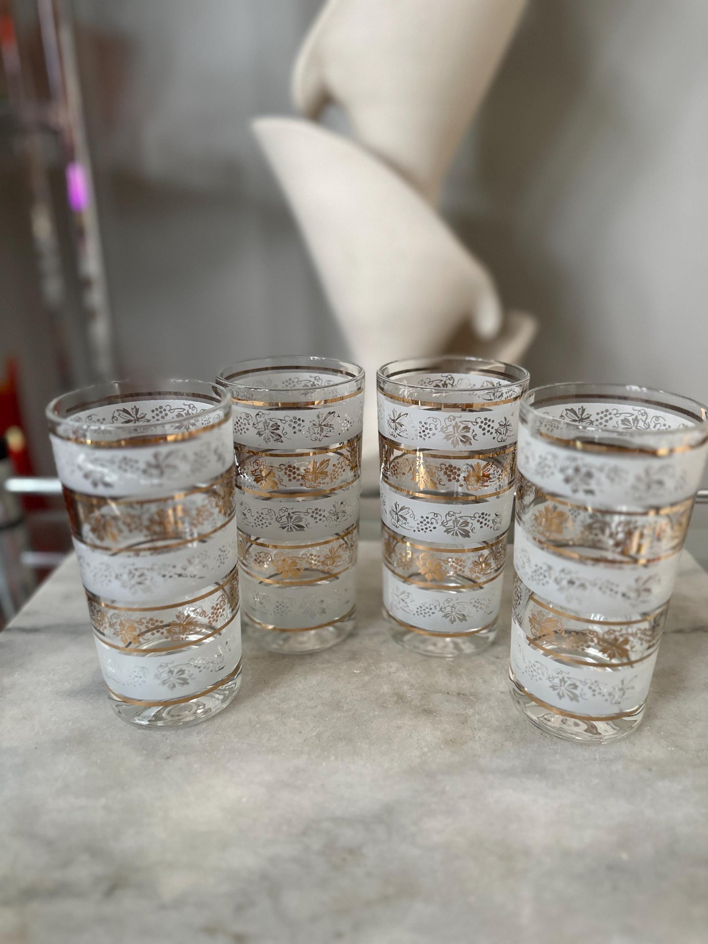 Vintage Mid Century Highball Glasses: Gold Grapevine, Set of 4