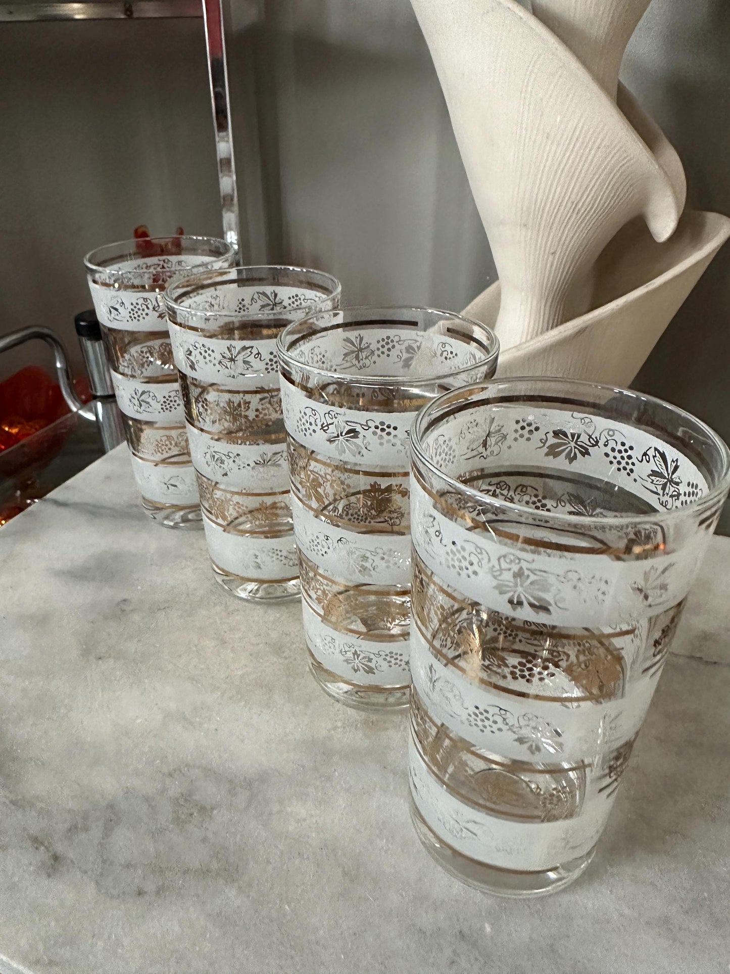 Vintage Mid Century Highball Glasses: Gold Grapevine, Set of 4