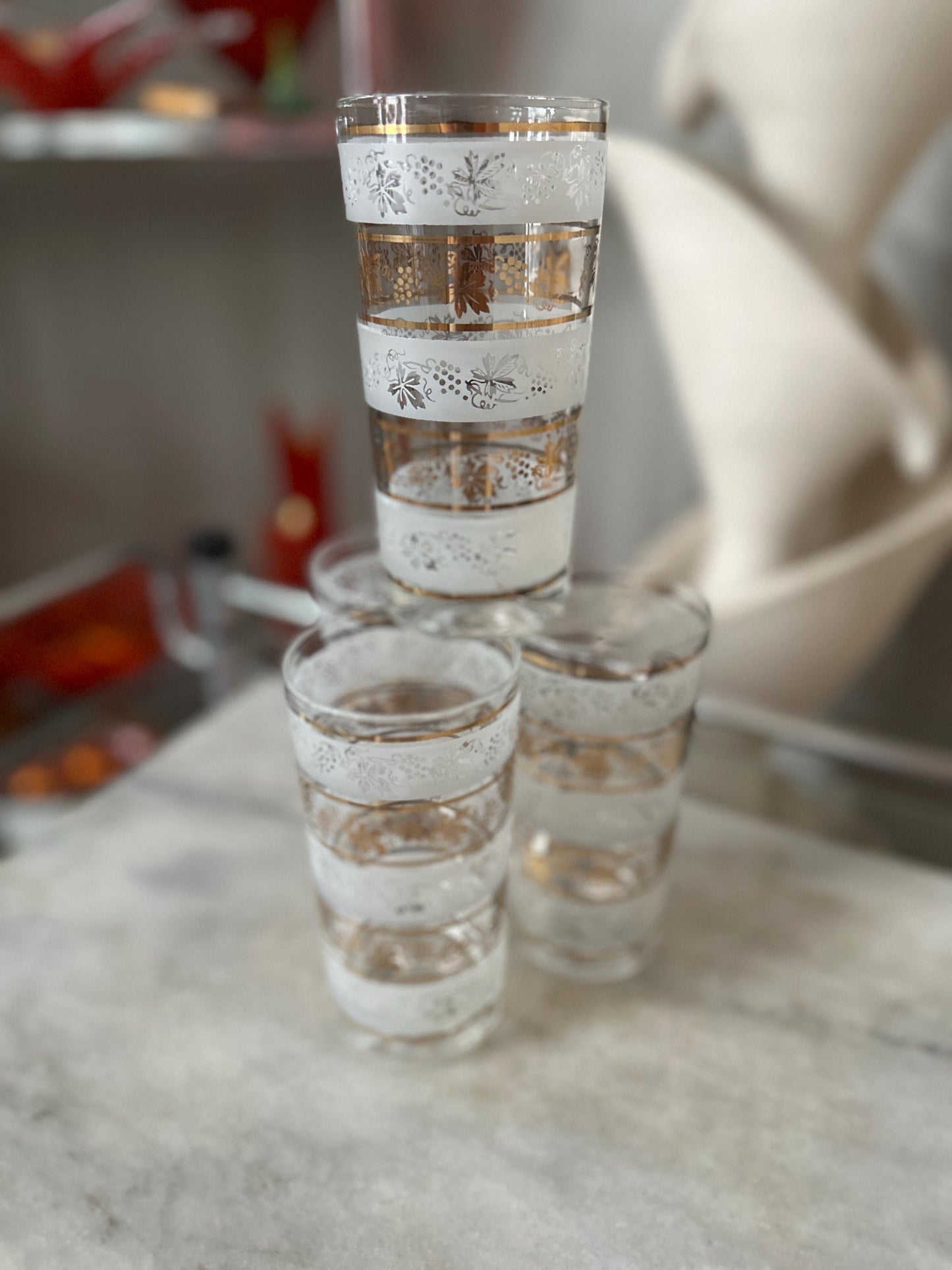 Vintage Mid Century Highball Glasses: Gold Grapevine, Set of 4