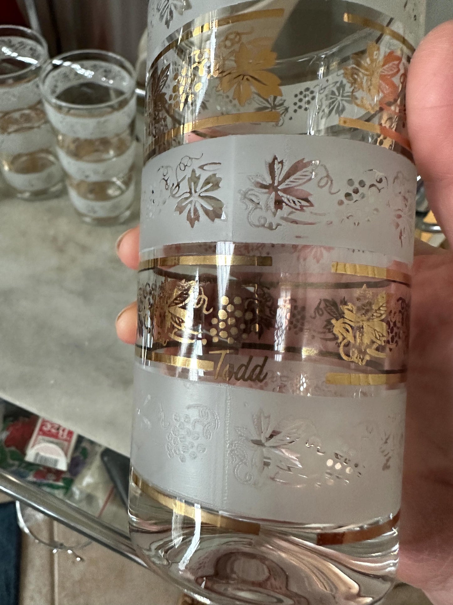 Vintage Mid Century Highball Glasses: Gold Grapevine, Set of 4