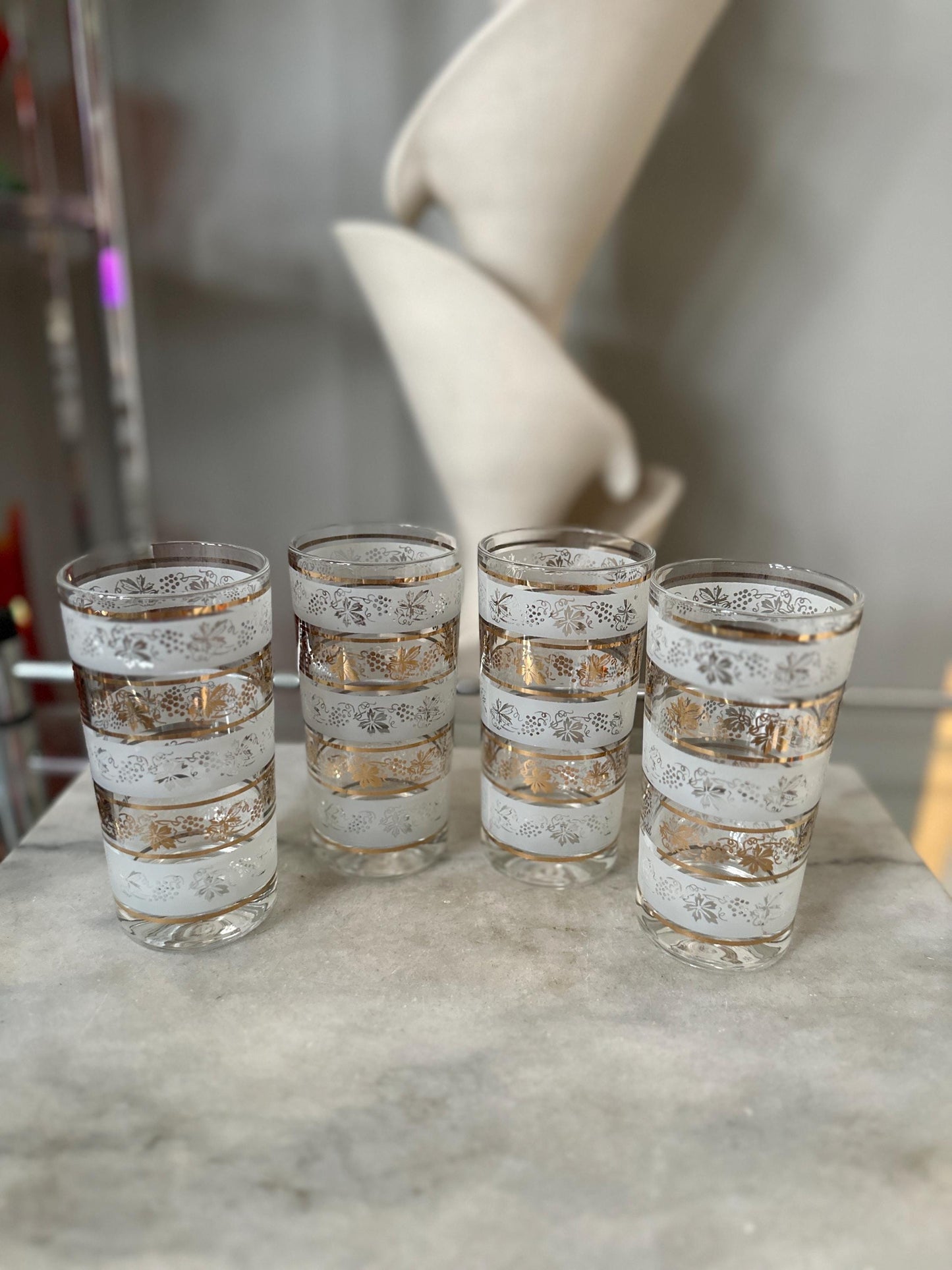 Vintage Mid Century Highball Glasses: Gold Grapevine, Set of 4