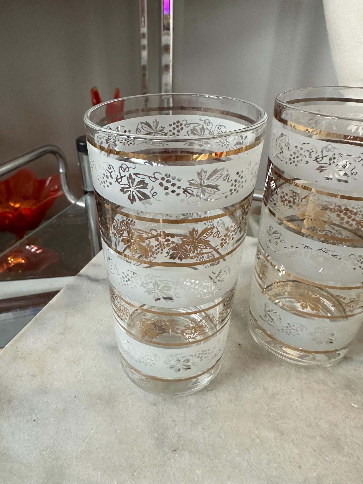 Vintage Mid Century Highball Glasses: Gold Grapevine, Set of 4