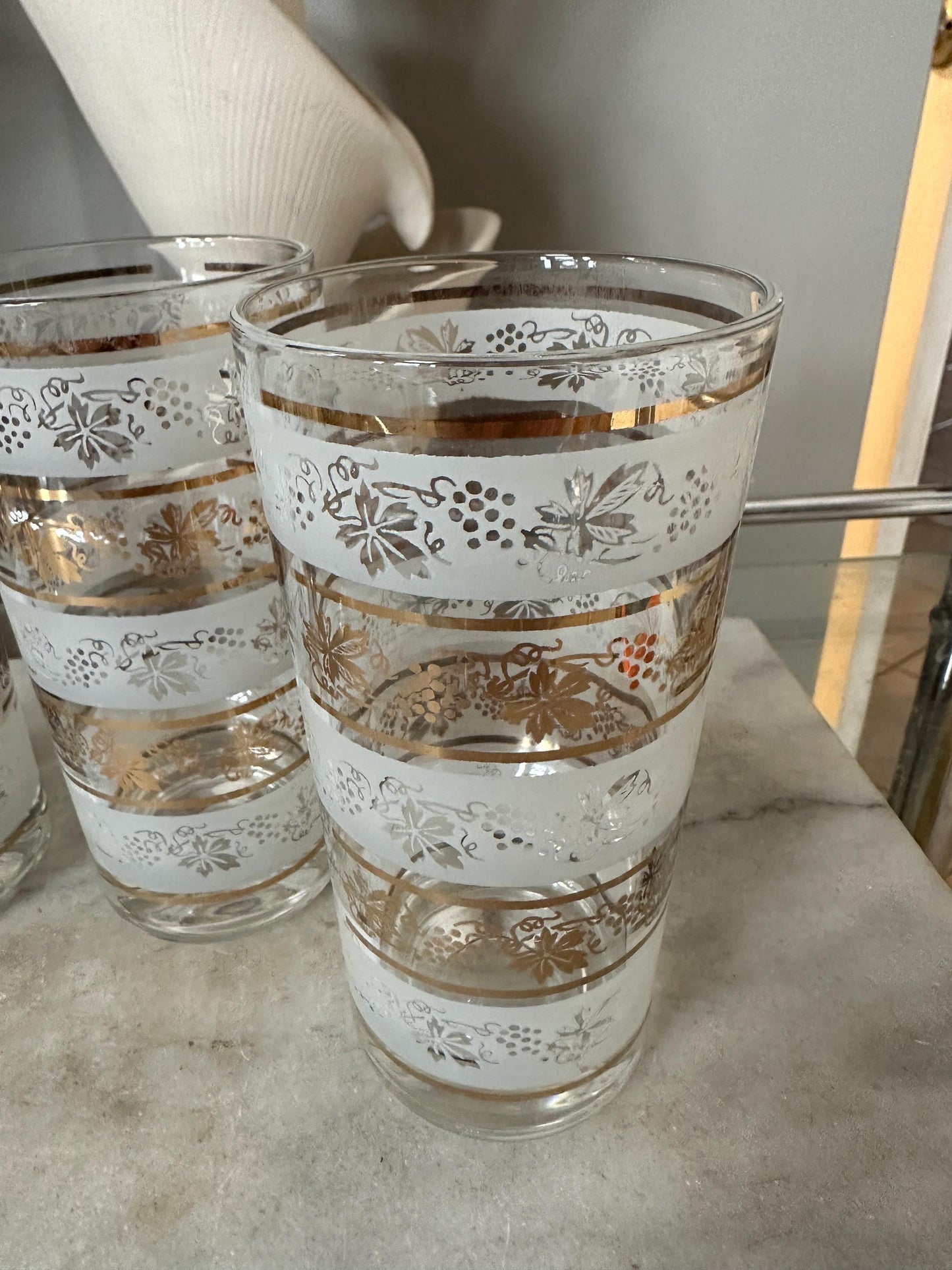 Vintage Mid Century Highball Glasses: Gold Grapevine, Set of 4