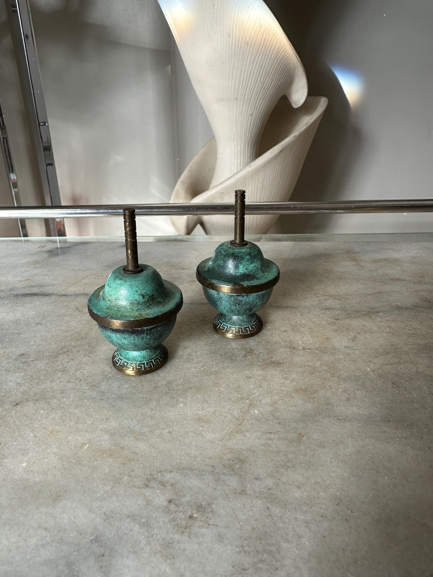 Brass and Turquoise Enameled Saccharin or Spice Bowls & Lids - Set of 2
