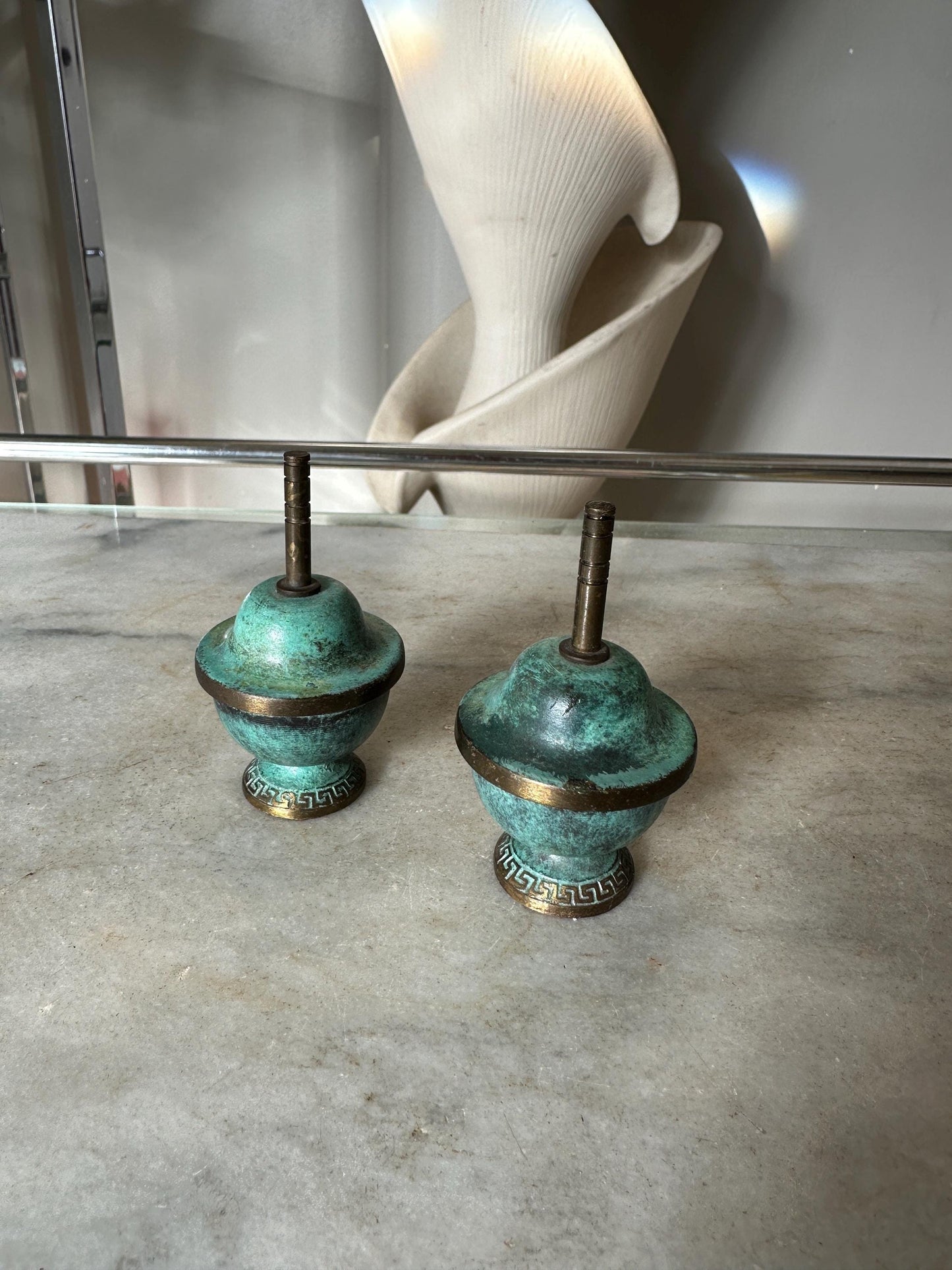 Brass and Turquoise Enameled Saccharin or Spice Bowls & Lids - Set of 2