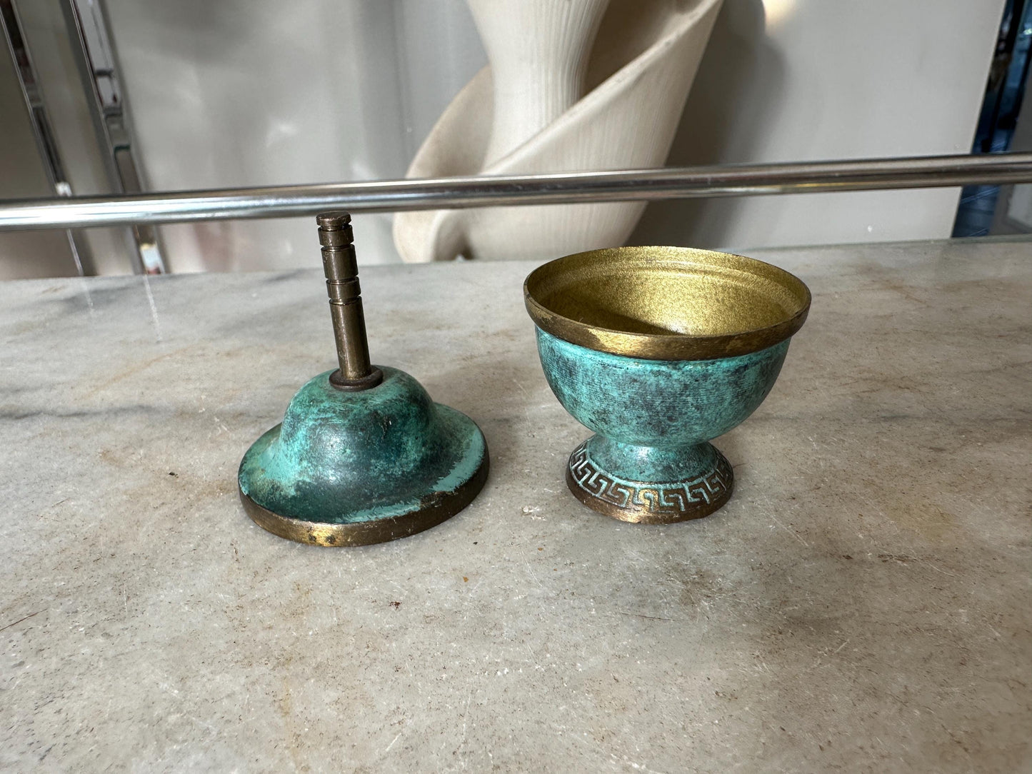 Brass and Turquoise Enameled Saccharin or Spice Bowls & Lids - Set of 2