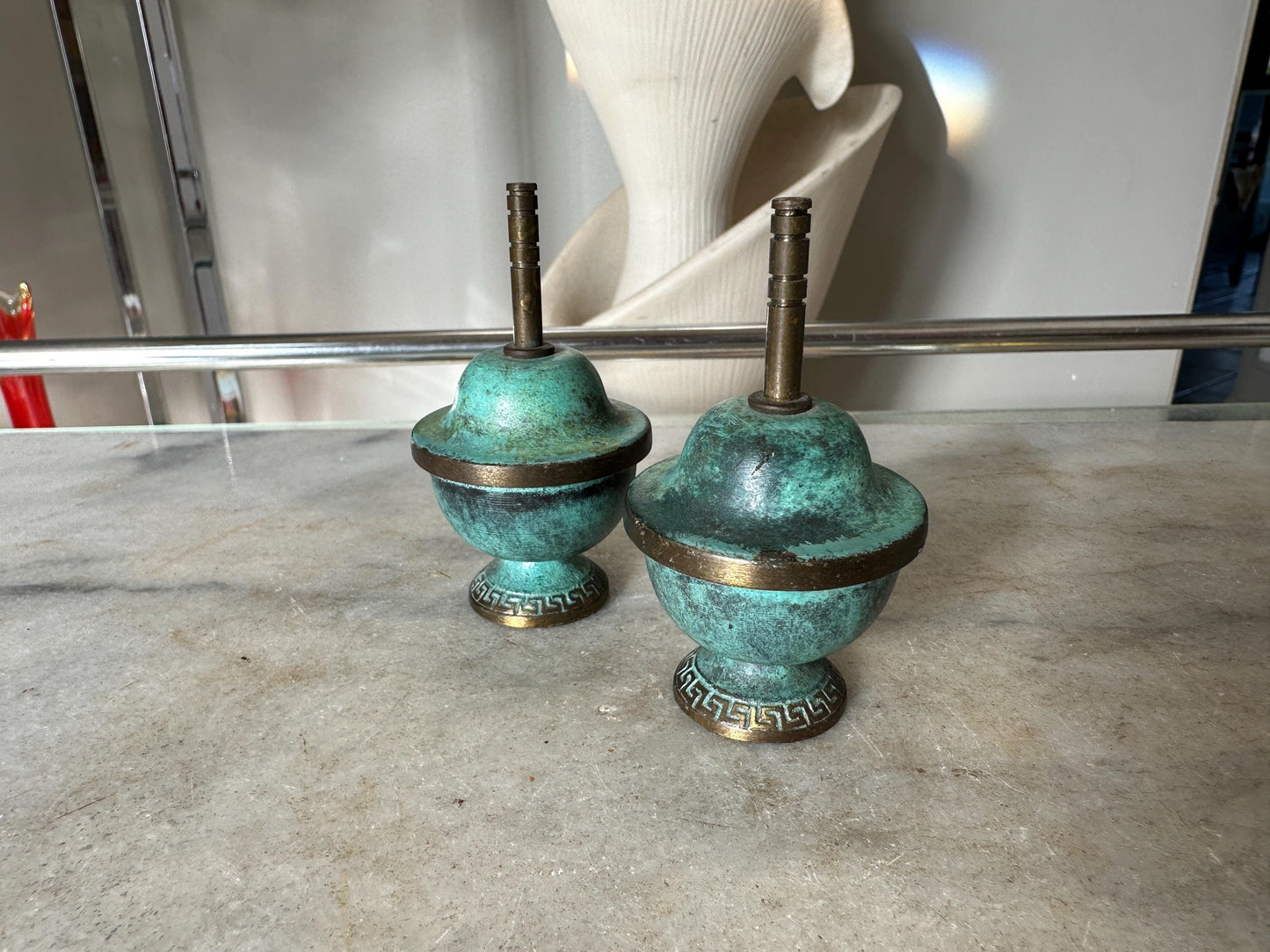 Brass and Turquoise Enameled Saccharin or Spice Bowls & Lids - Set of 2