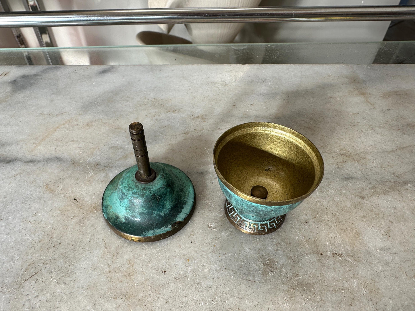Brass and Turquoise Enameled Saccharin or Spice Bowls & Lids - Set of 2