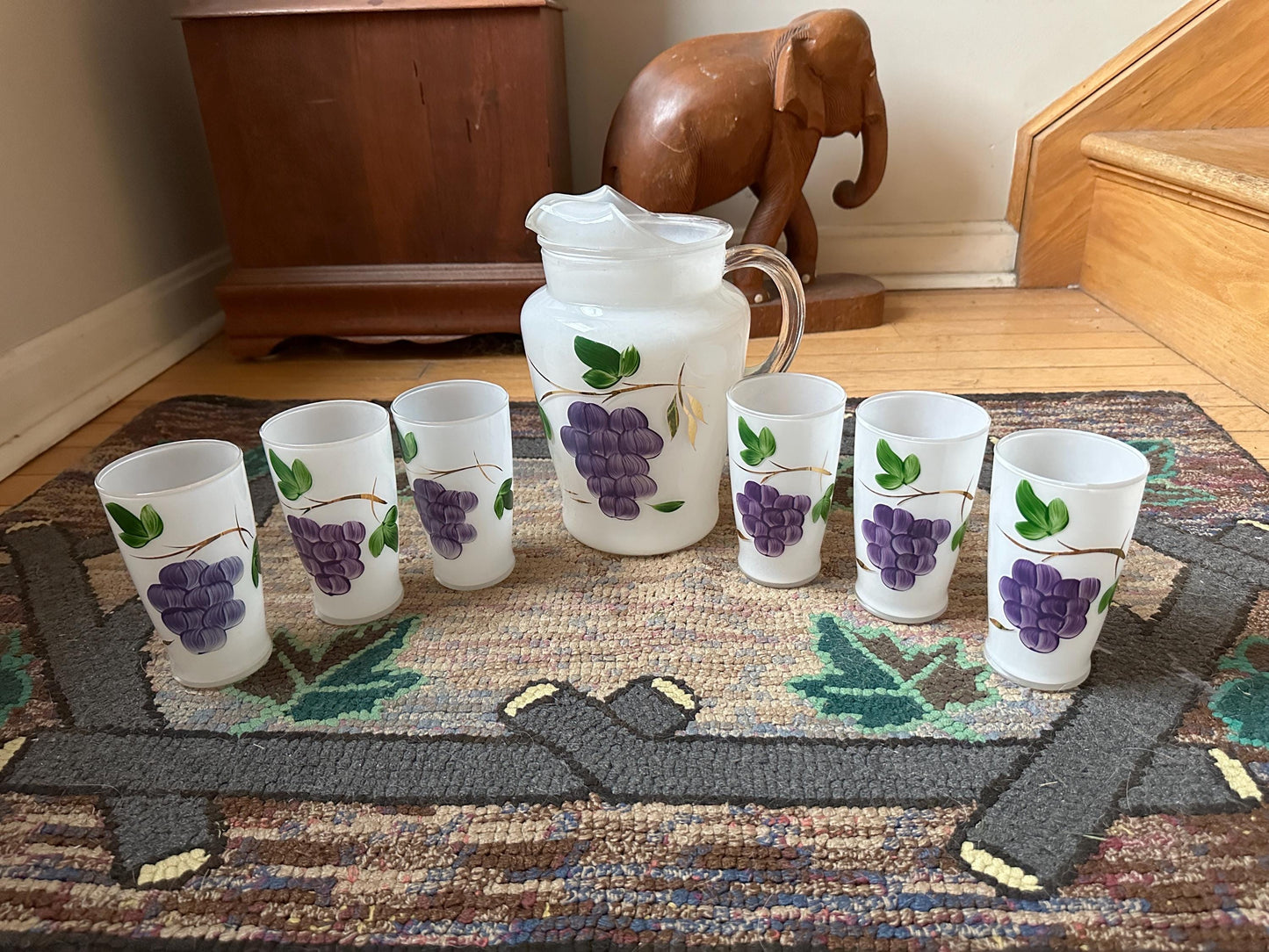 Mid Century Bartlett Collins Frosted Pitcher w 6 Glasses: Glass Grape Design Set