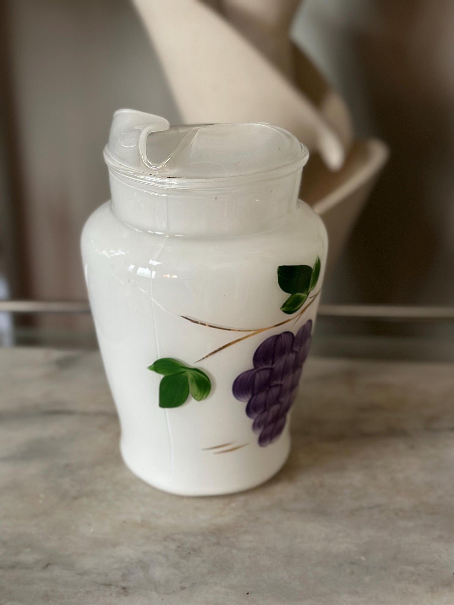 Mid Century Bartlett Collins Frosted Pitcher w 6 Glasses: Glass Grape Design Set