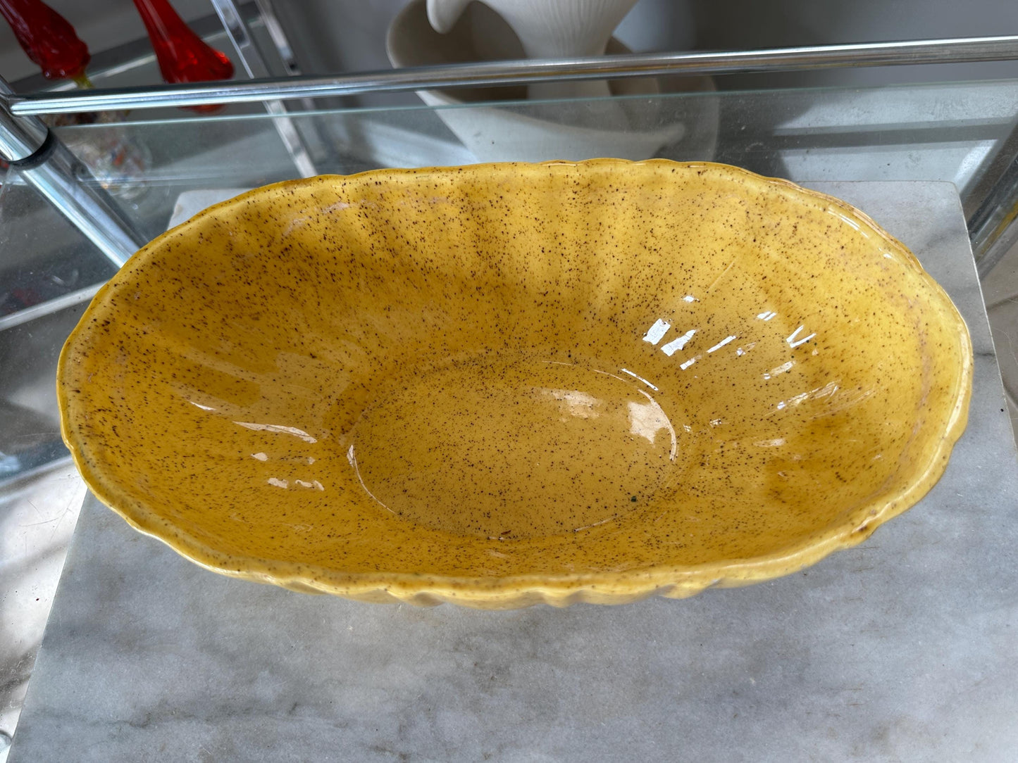 Vintage Haeger Pottery Oval Ribbed Bowl/Planter 4020 C Yellow/Gold, 12" long