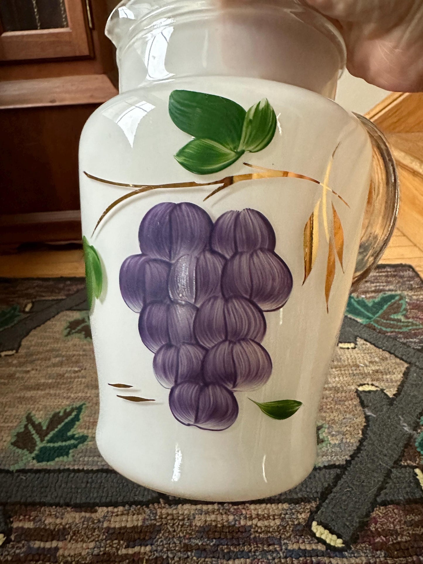 Mid Century Bartlett Collins Frosted Pitcher w 6 Glasses: Glass Grape Design Set