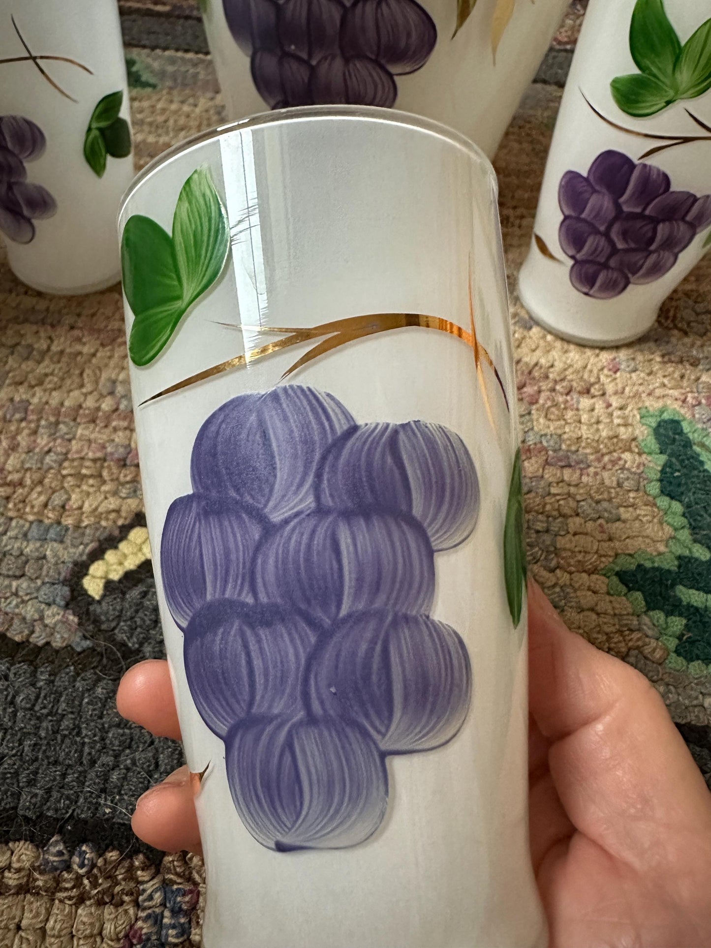 Mid Century Bartlett Collins Frosted Pitcher w 6 Glasses: Glass Grape Design Set