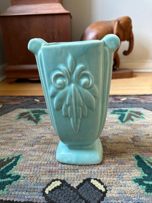 Vintage McCoy Aqua Pottery Vase: Embossed Leaf, Greek Style Decor