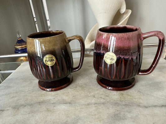 1970’s Set Of 2 MCM Westwood Futura Vintage Brown Drip Glaze Pedestal Mugs