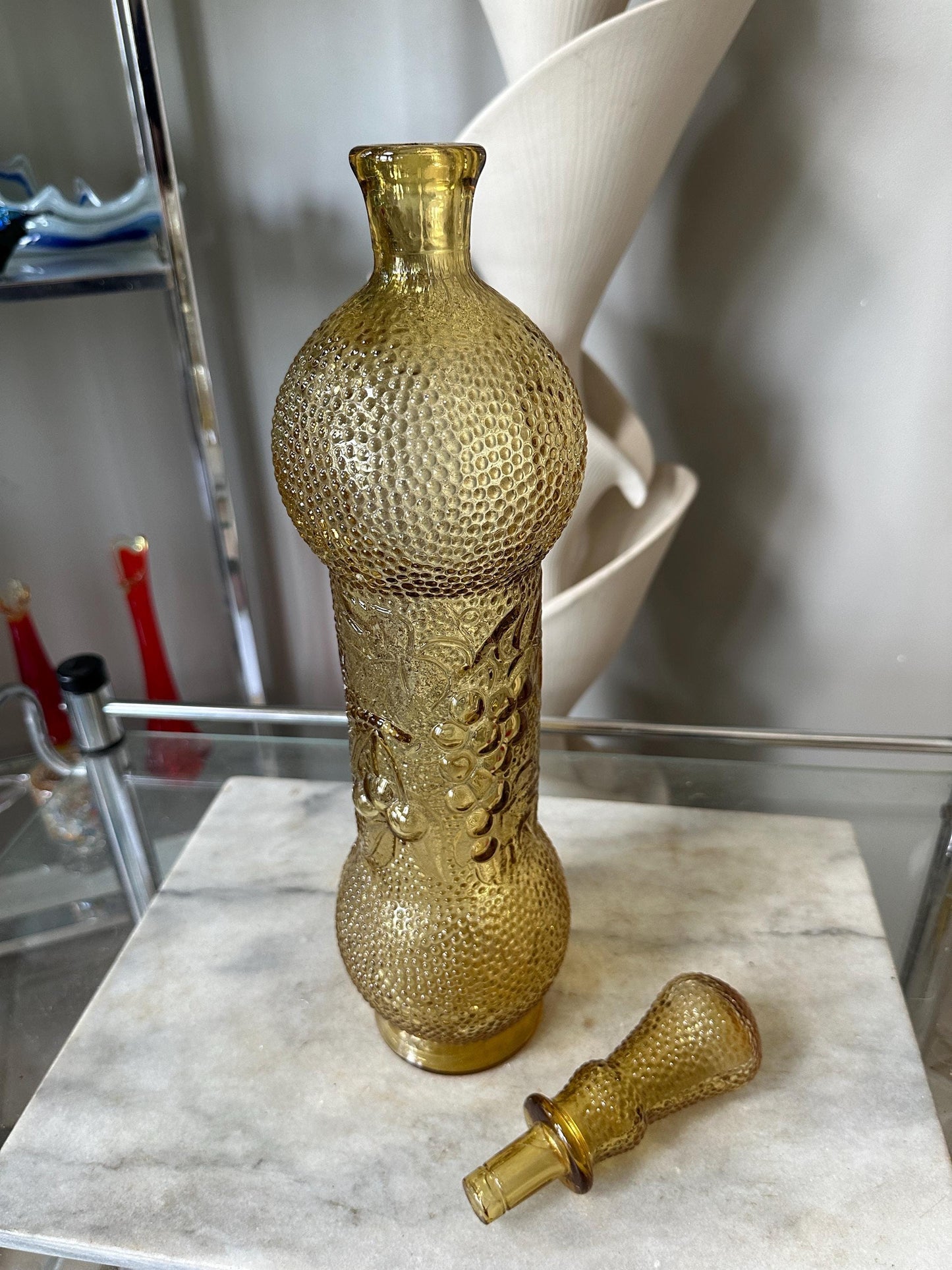 Vintage Empoli Honey Amber Decanter: Hobnail Glass with Embossed Grapes