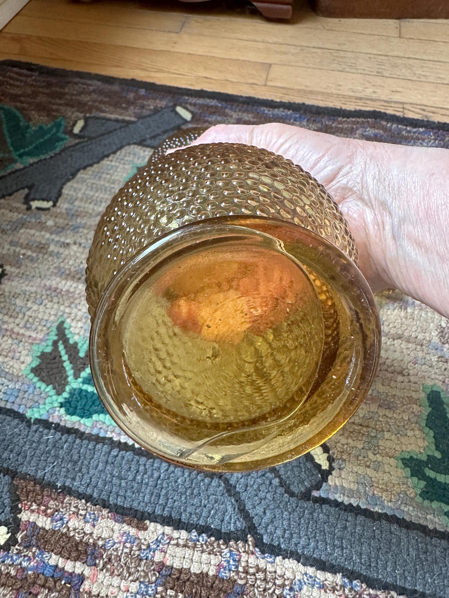 Vintage Empoli Honey Amber Decanter: Hobnail Glass with Embossed Grapes