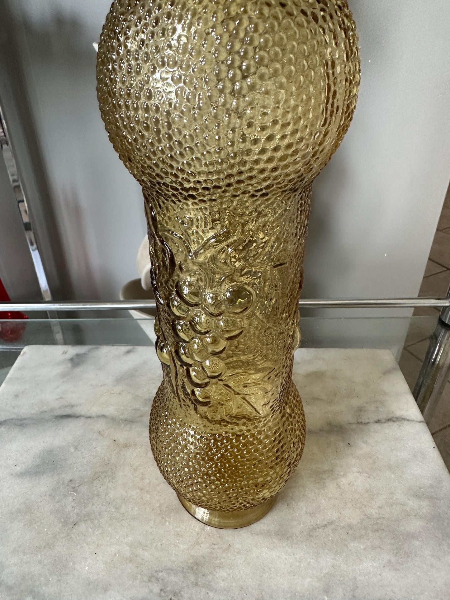 Vintage Empoli Honey Amber Decanter: Hobnail Glass with Embossed Grapes