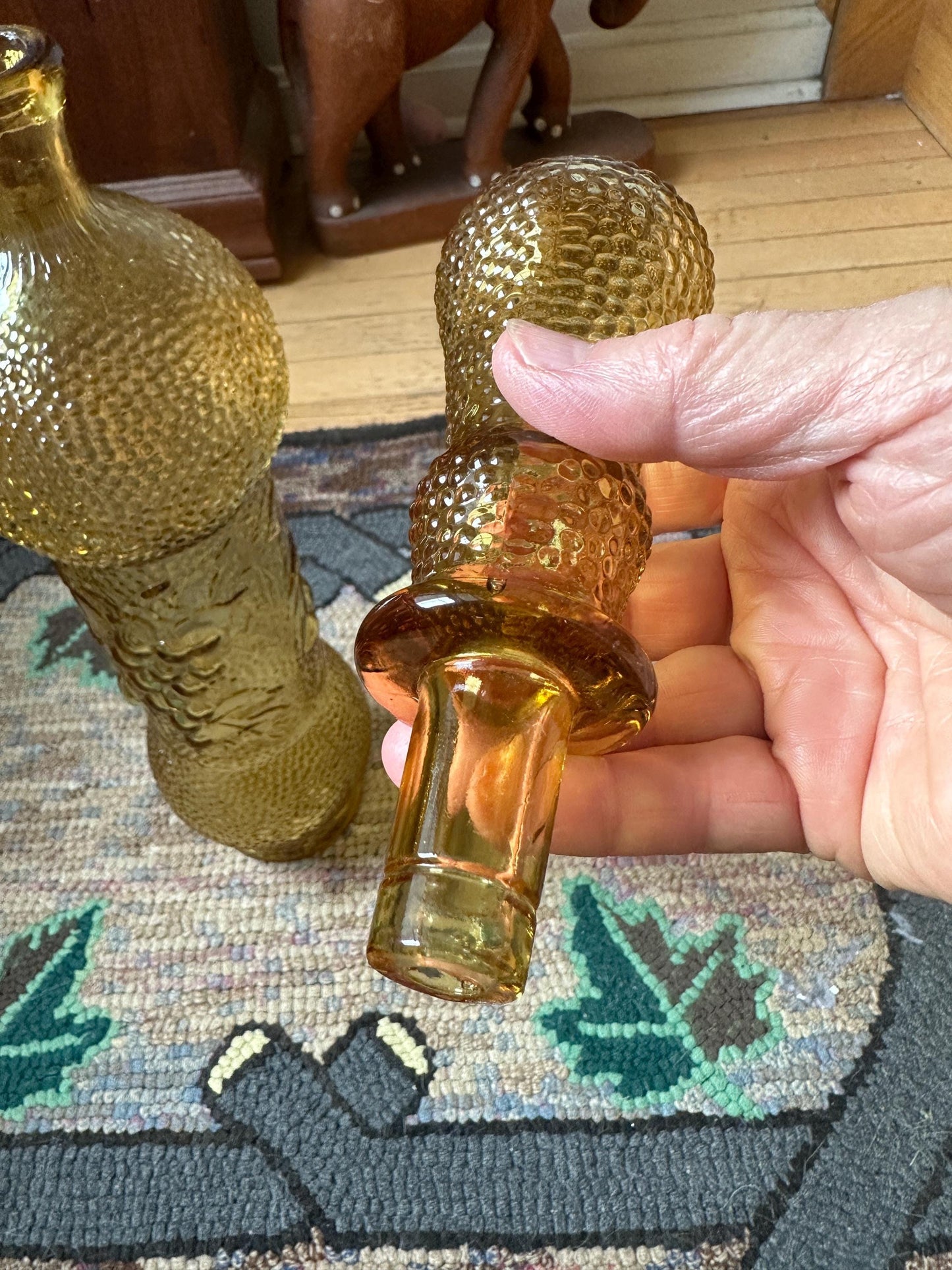 Vintage Empoli Honey Amber Decanter: Hobnail Glass with Embossed Grapes