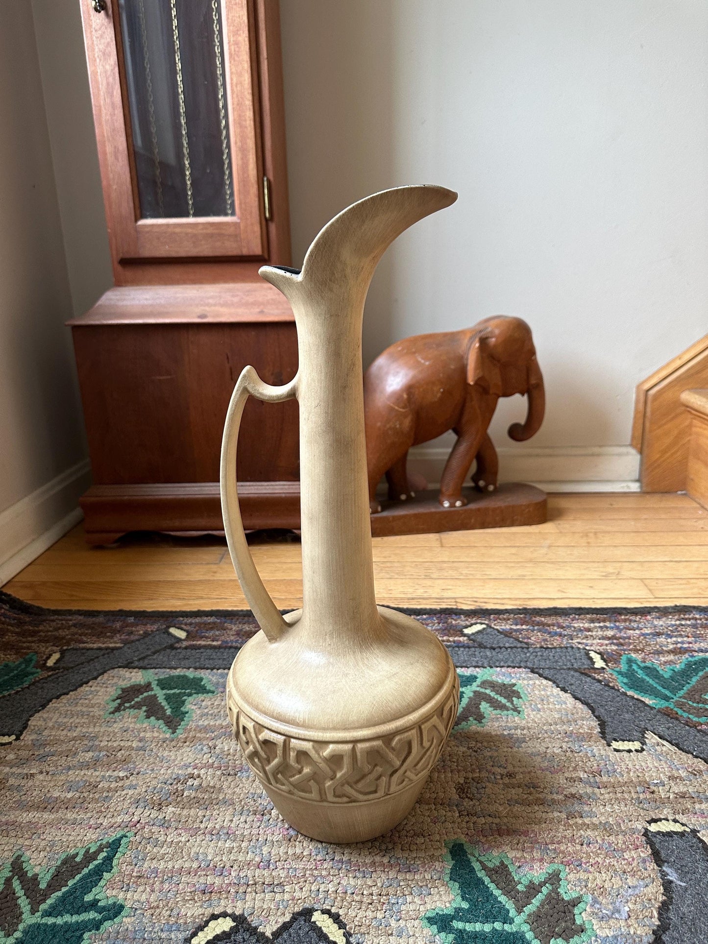 Mid Century Modern Haeger Vase: Large Gold Pottery Pitcher, 18 inch Ewer