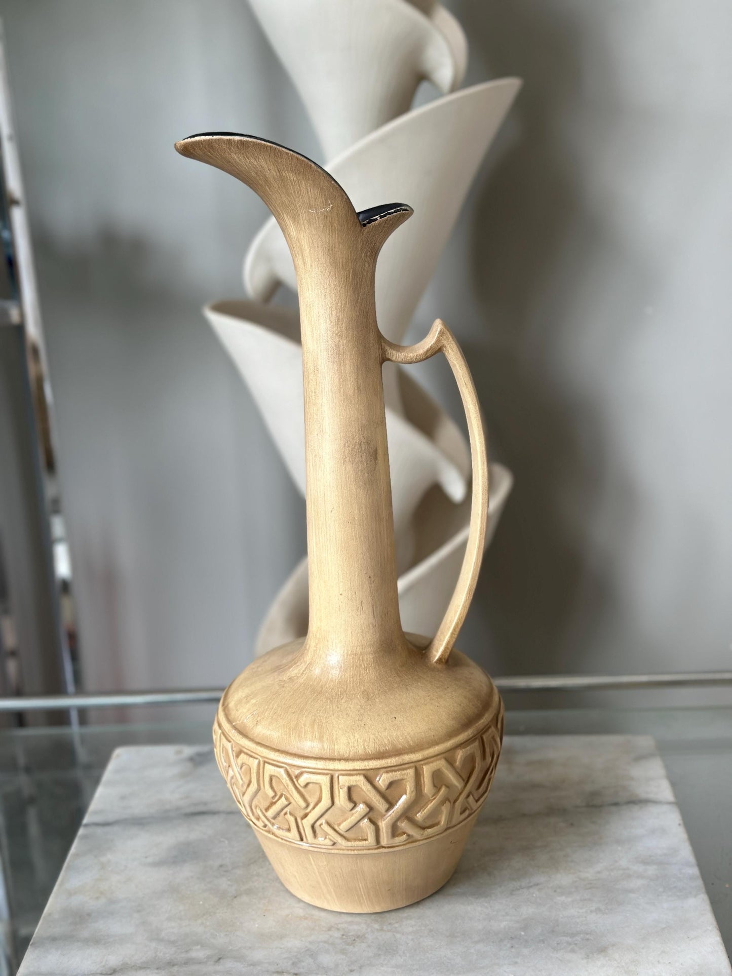 Mid Century Modern Haeger Vase: Large Gold Pottery Pitcher, 18 inch Ewer