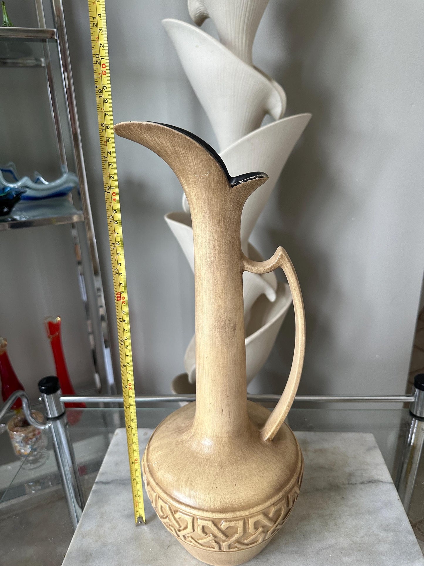 Mid Century Modern Haeger Vase: Large Gold Pottery Pitcher, 18 inch Ewer