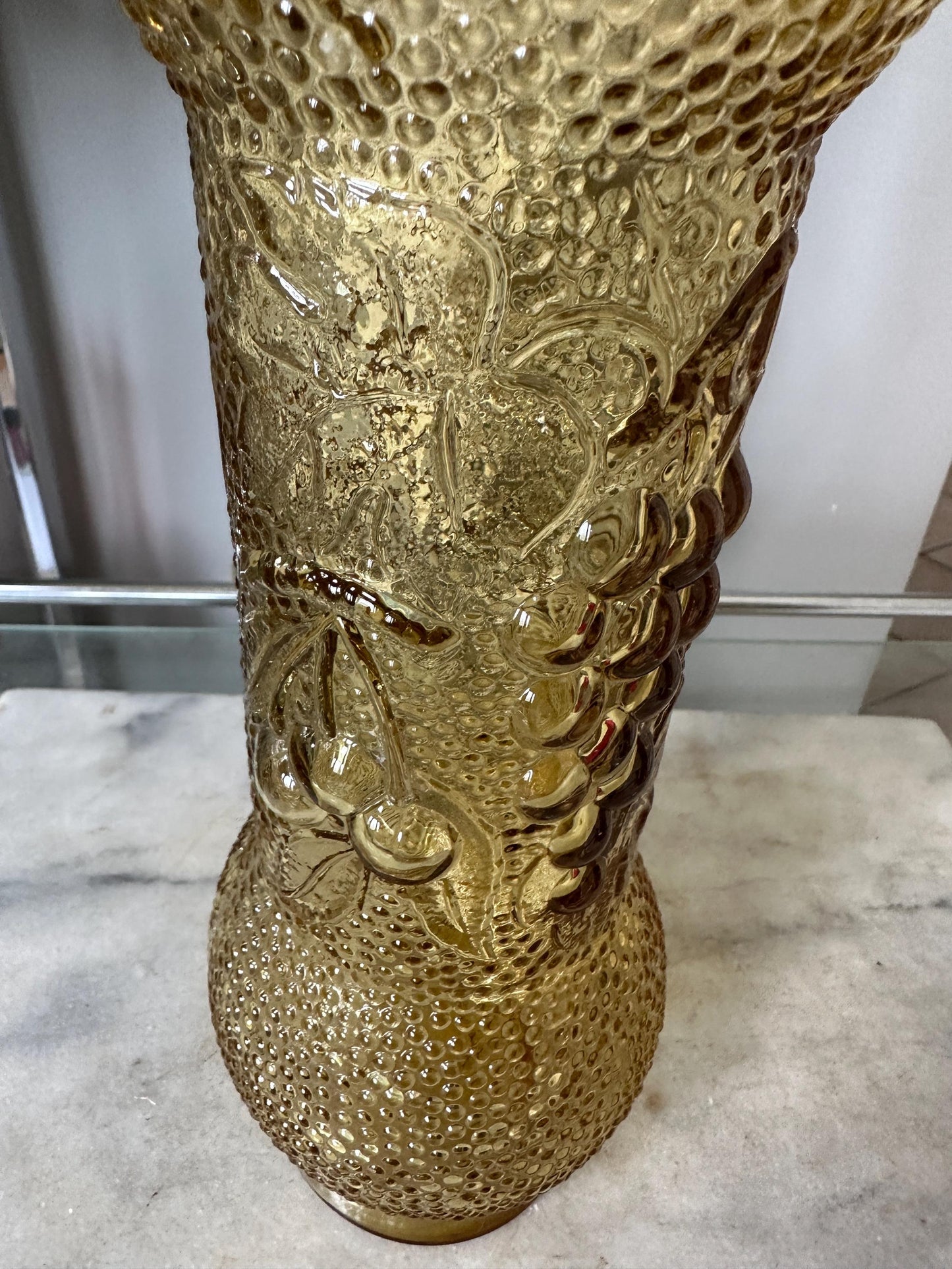 Vintage Empoli Honey Amber Decanter: Hobnail Glass with Embossed Grapes