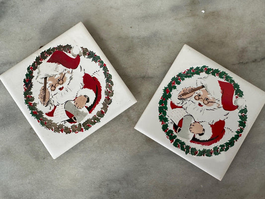 Pair of Vintage 1981 Jasco Santa Christmas Ceramic Tile Trivets, Xmas Kitsch