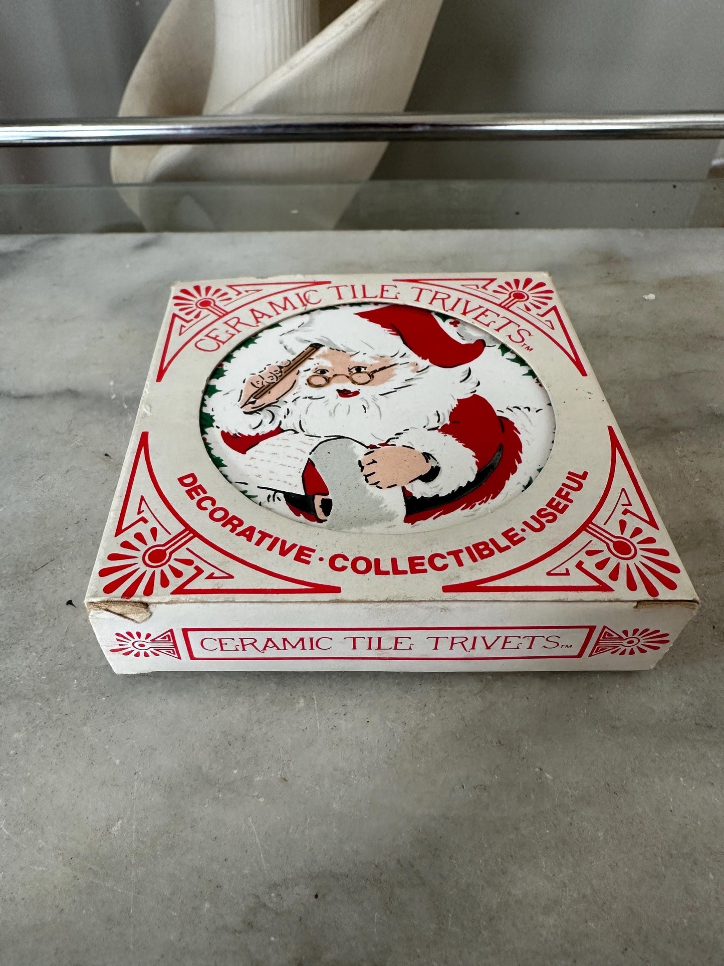 Pair of Vintage 1981 Jasco Santa Christmas Ceramic Tile Trivets, Xmas Kitsch