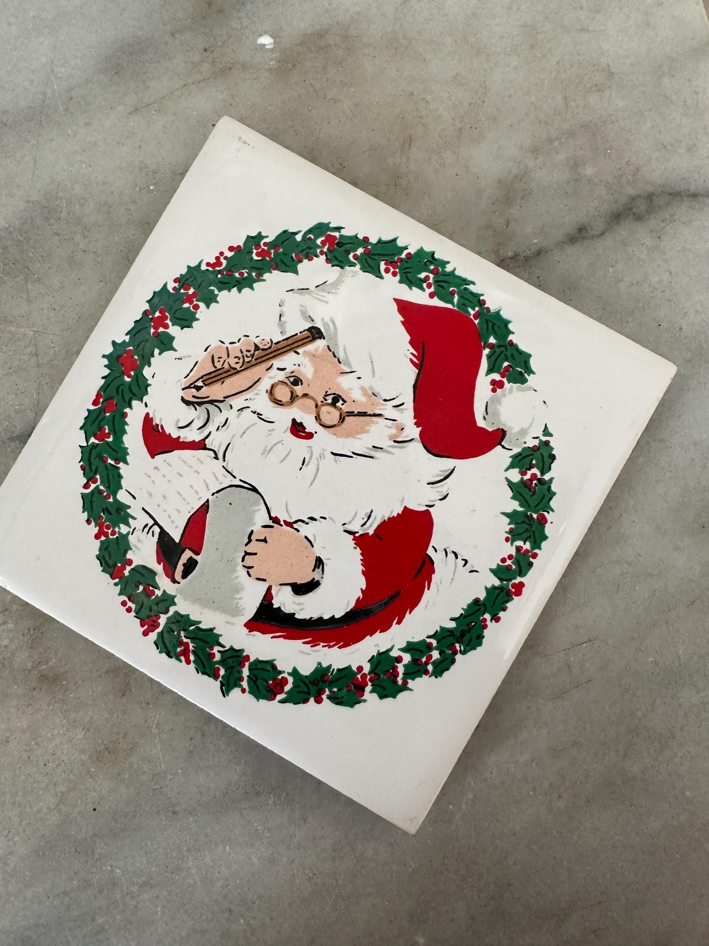 Pair of Vintage 1981 Jasco Santa Christmas Ceramic Tile Trivets, Xmas Kitsch