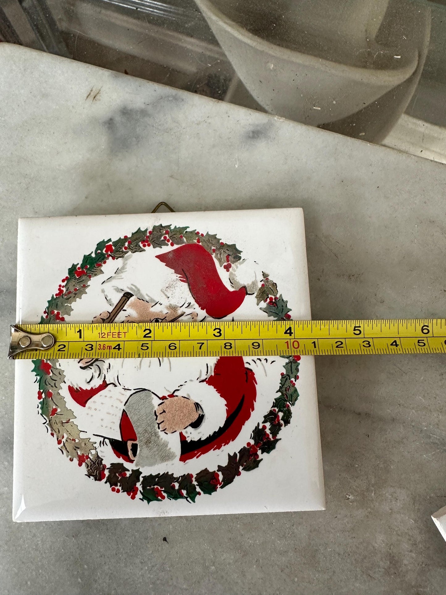 Pair of Vintage 1981 Jasco Santa Christmas Ceramic Tile Trivets, Xmas Kitsch