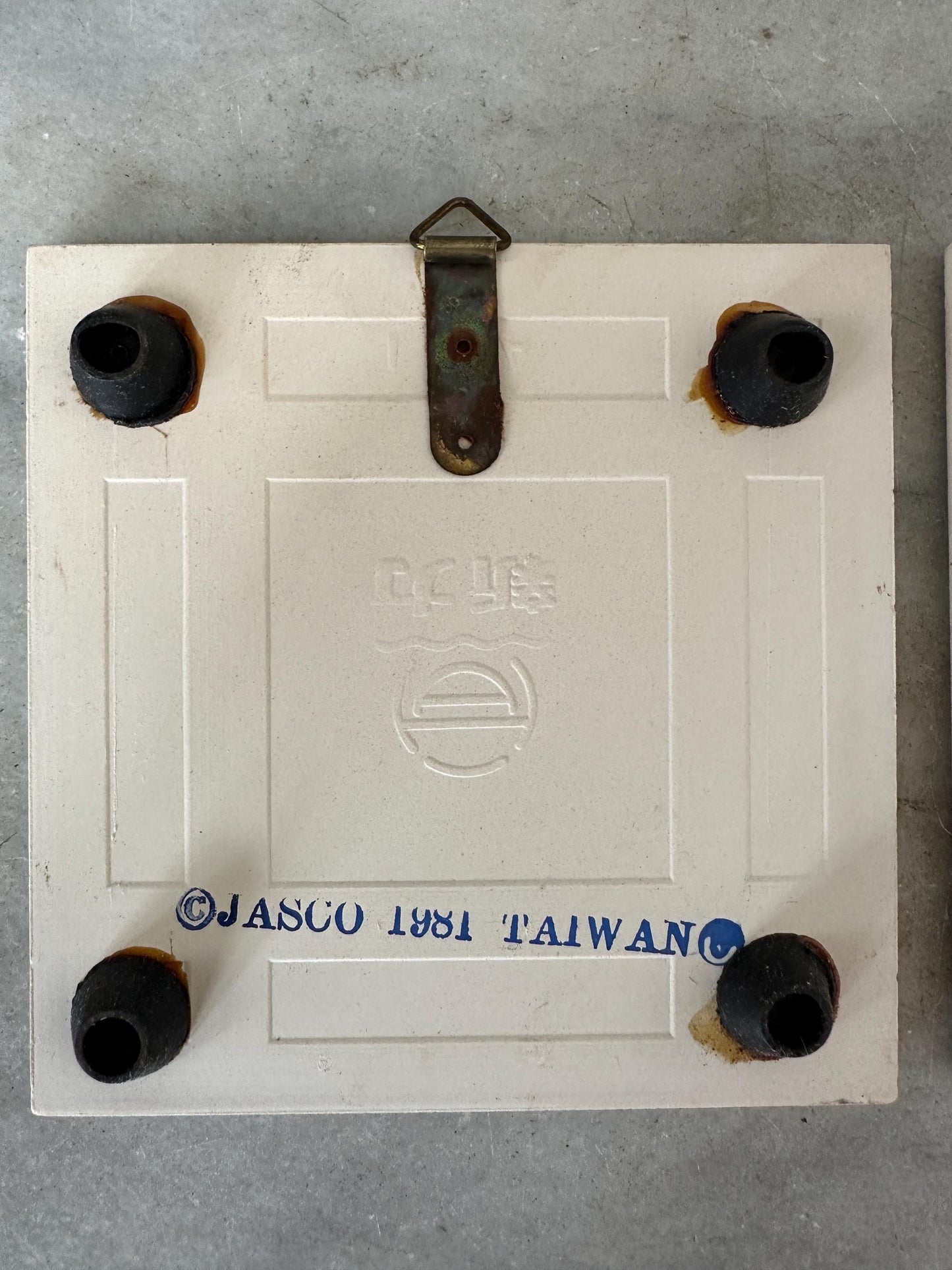 Pair of Vintage 1981 Jasco Santa Christmas Ceramic Tile Trivets, Xmas Kitsch