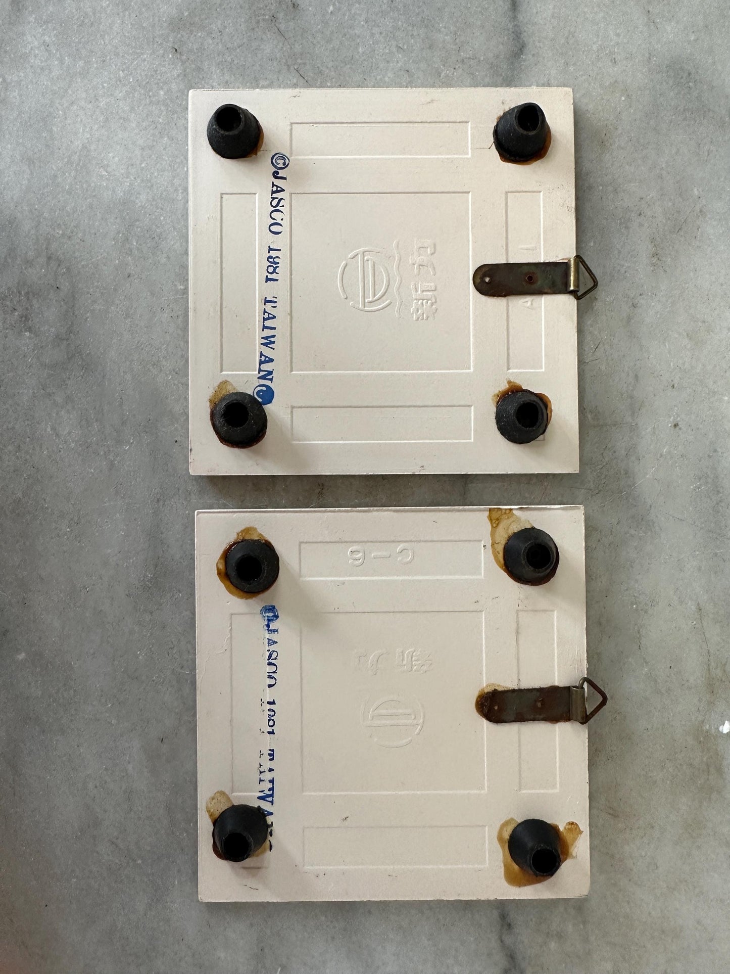 Pair of Vintage 1981 Jasco Santa Christmas Ceramic Tile Trivets, Xmas Kitsch