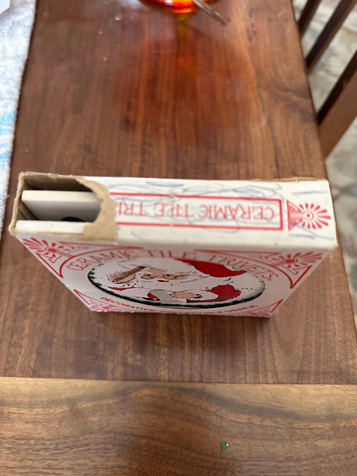 Pair of Vintage 1981 Jasco Santa Christmas Ceramic Tile Trivets, Xmas Kitsch