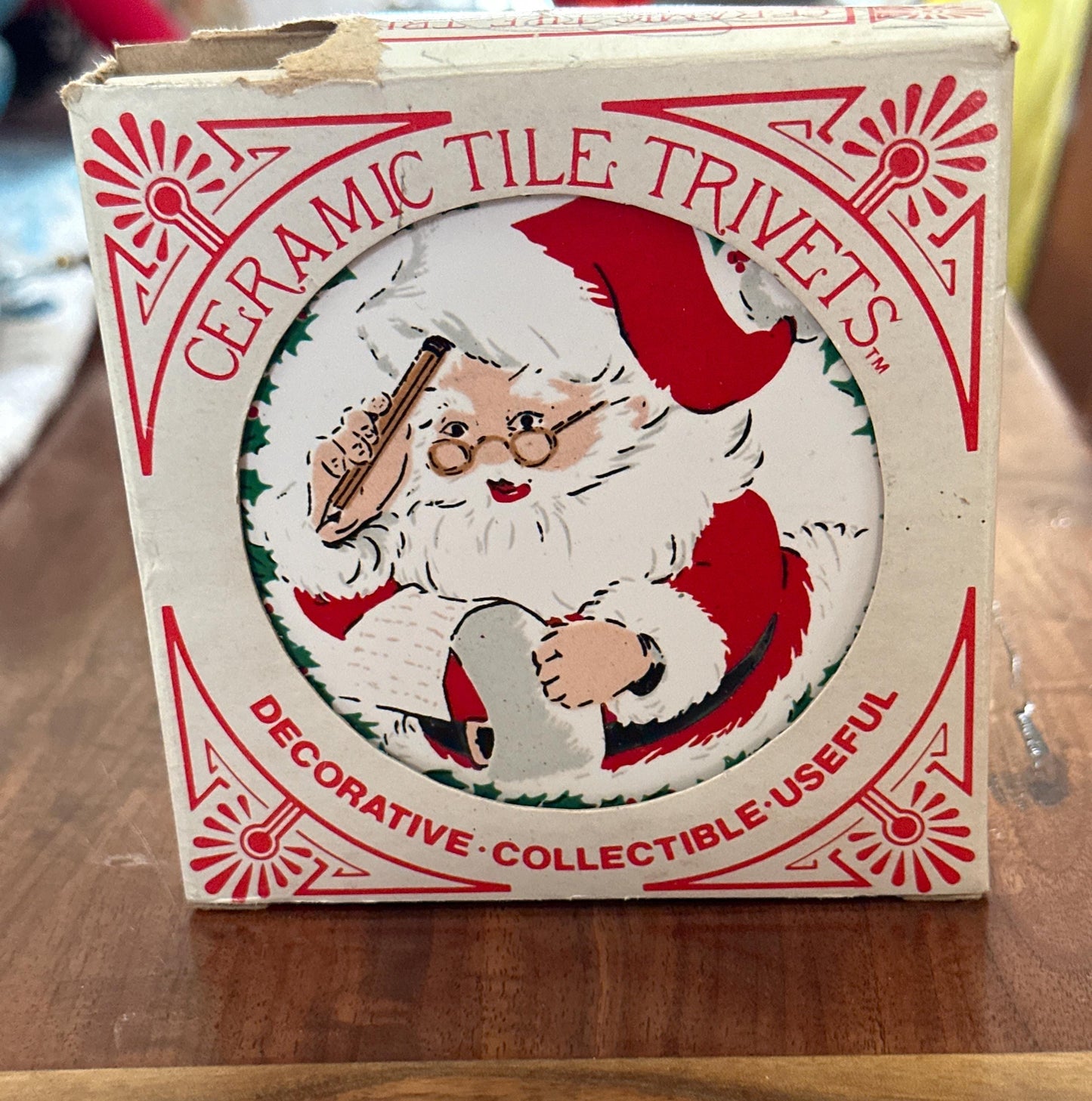 Pair of Vintage 1981 Jasco Santa Christmas Ceramic Tile Trivets, Xmas Kitsch