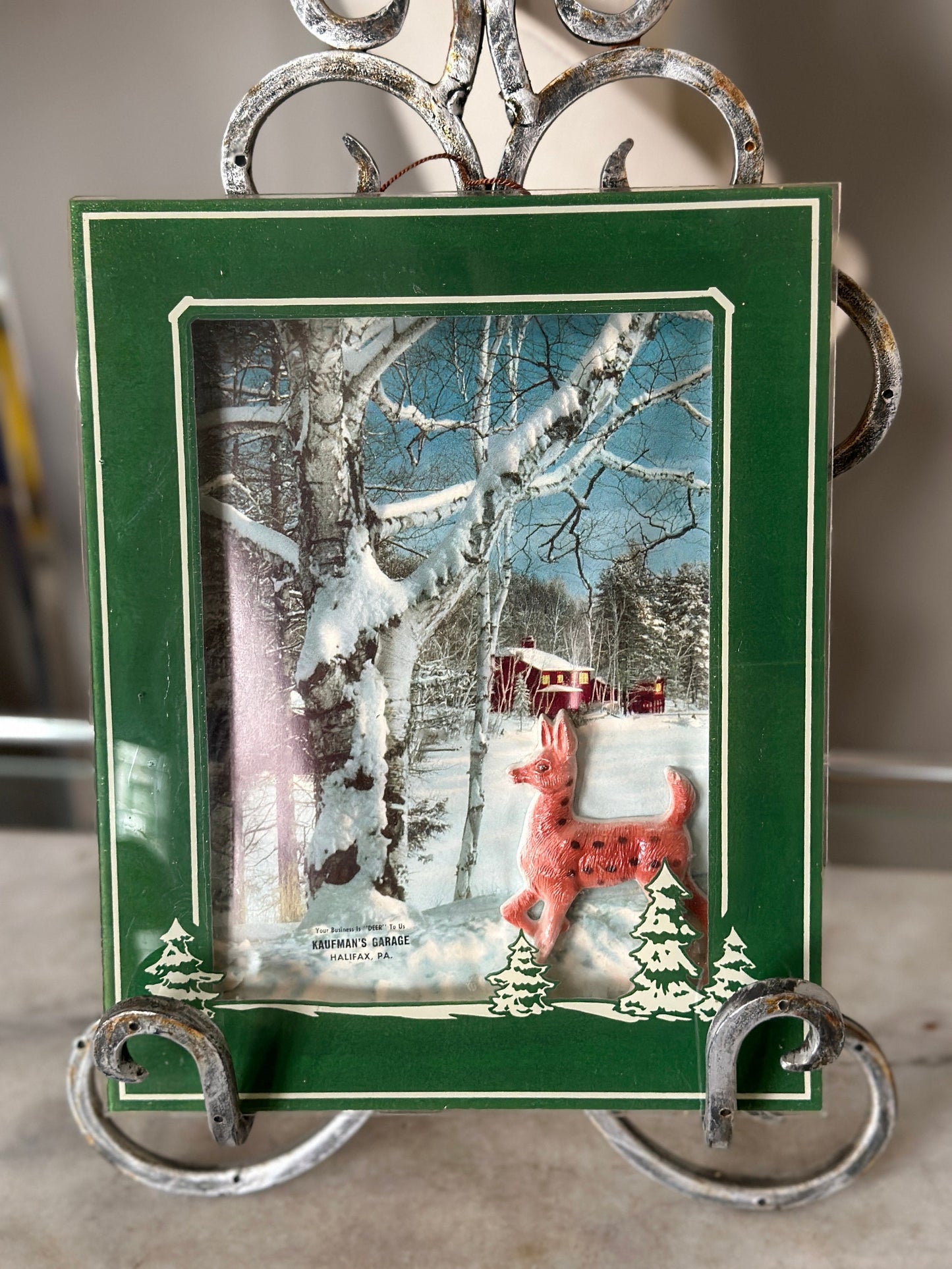 Vintage Glass Deer Winter Scene: Kauffman's Garage Advertising