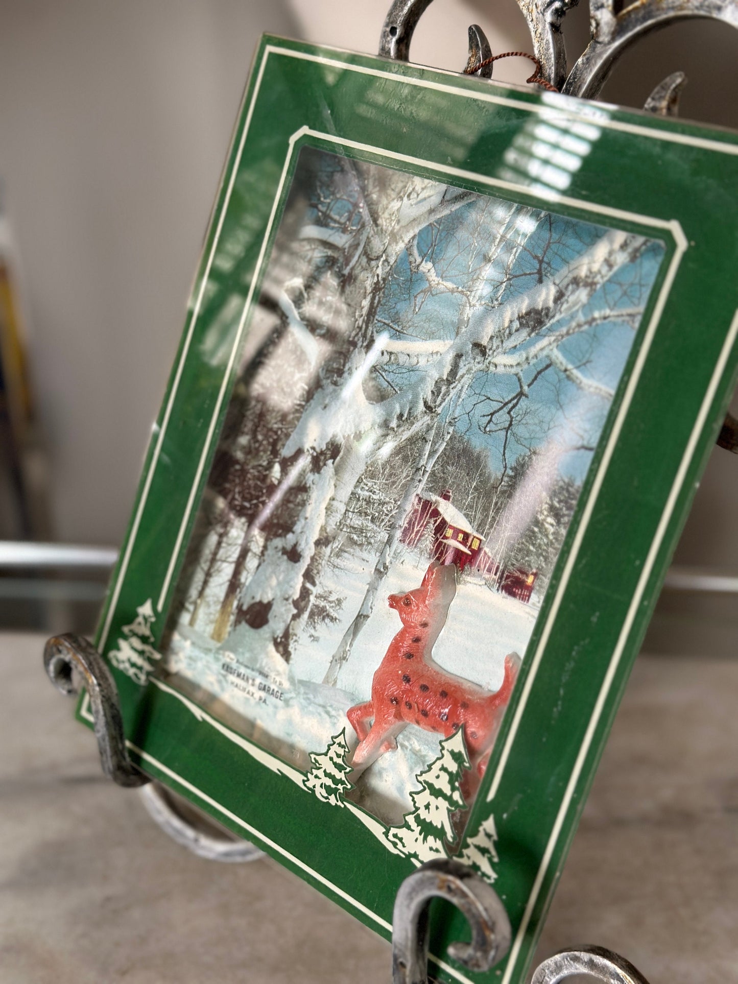 Vintage Glass Deer Winter Scene: Kauffman's Garage Advertising