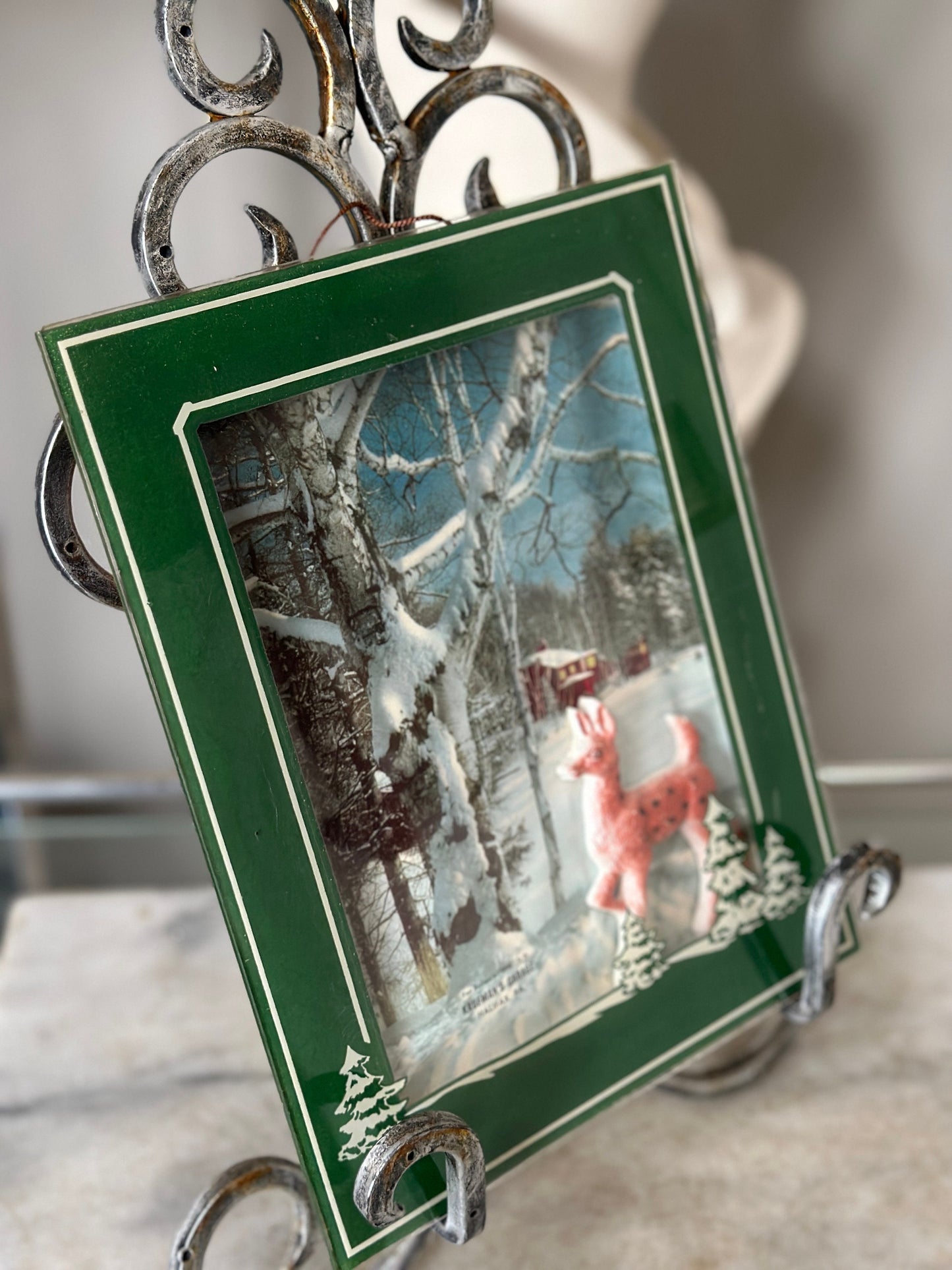 Vintage Glass Deer Winter Scene: Kauffman's Garage Advertising