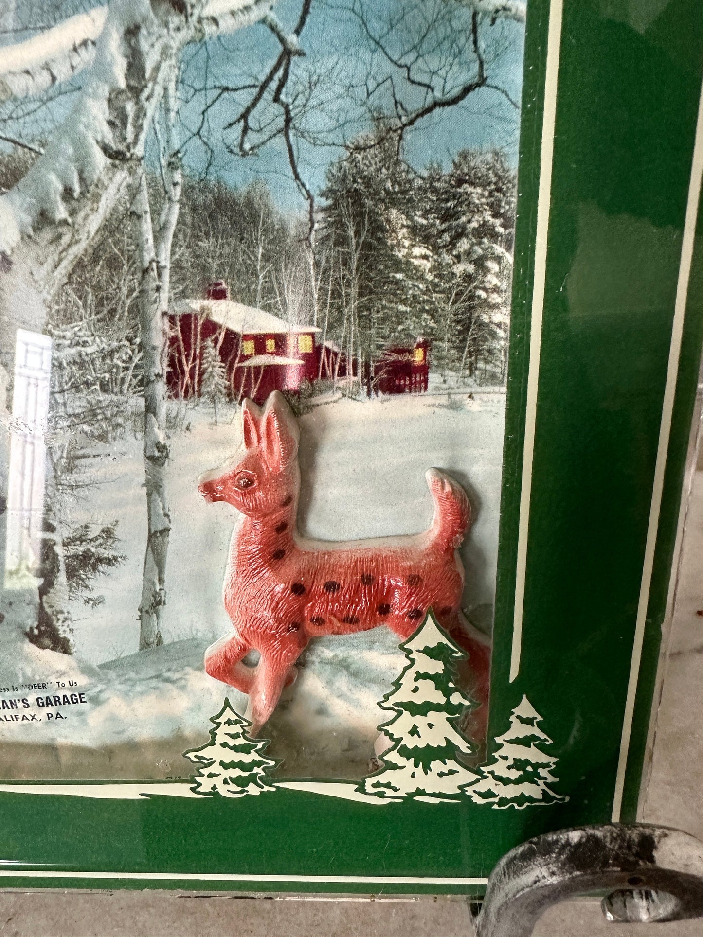 Vintage Glass Deer Winter Scene: Kauffman's Garage Advertising