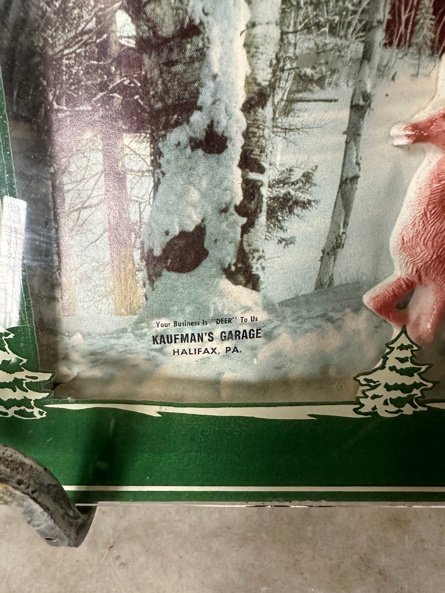 Vintage Glass Deer Winter Scene: Kauffman's Garage Advertising