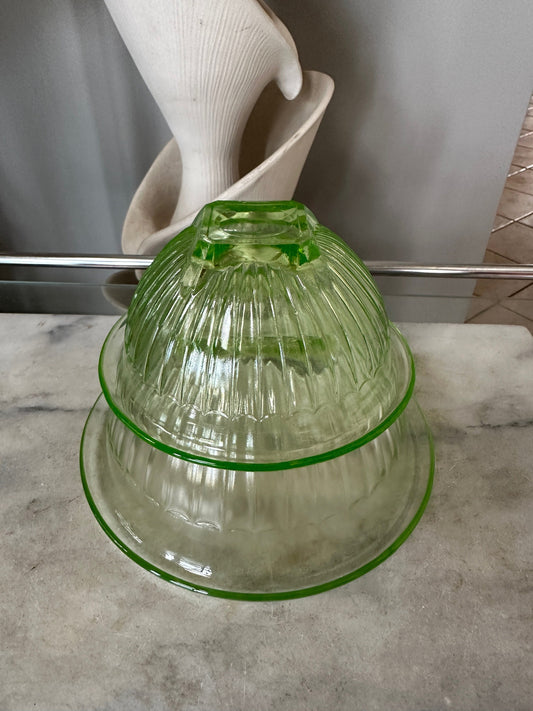 Vintage Set of 2 Green Depression Uranium Glass Mixing Bowls | Vaseline diamond crystal shaker salt bowl - green glowing Uranium Glass
