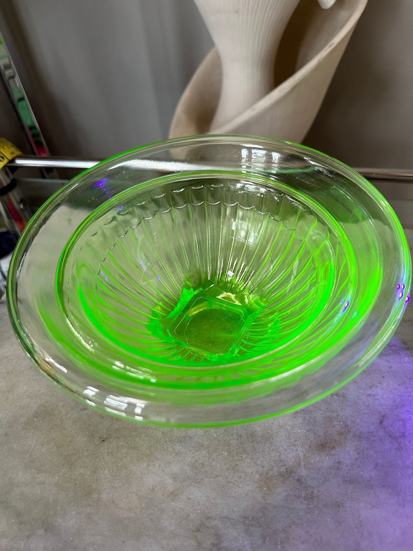 Vintage Set of 2 Green Depression Uranium Glass Mixing Bowls | Vaseline diamond crystal shaker salt bowl - green glowing Uranium Glass