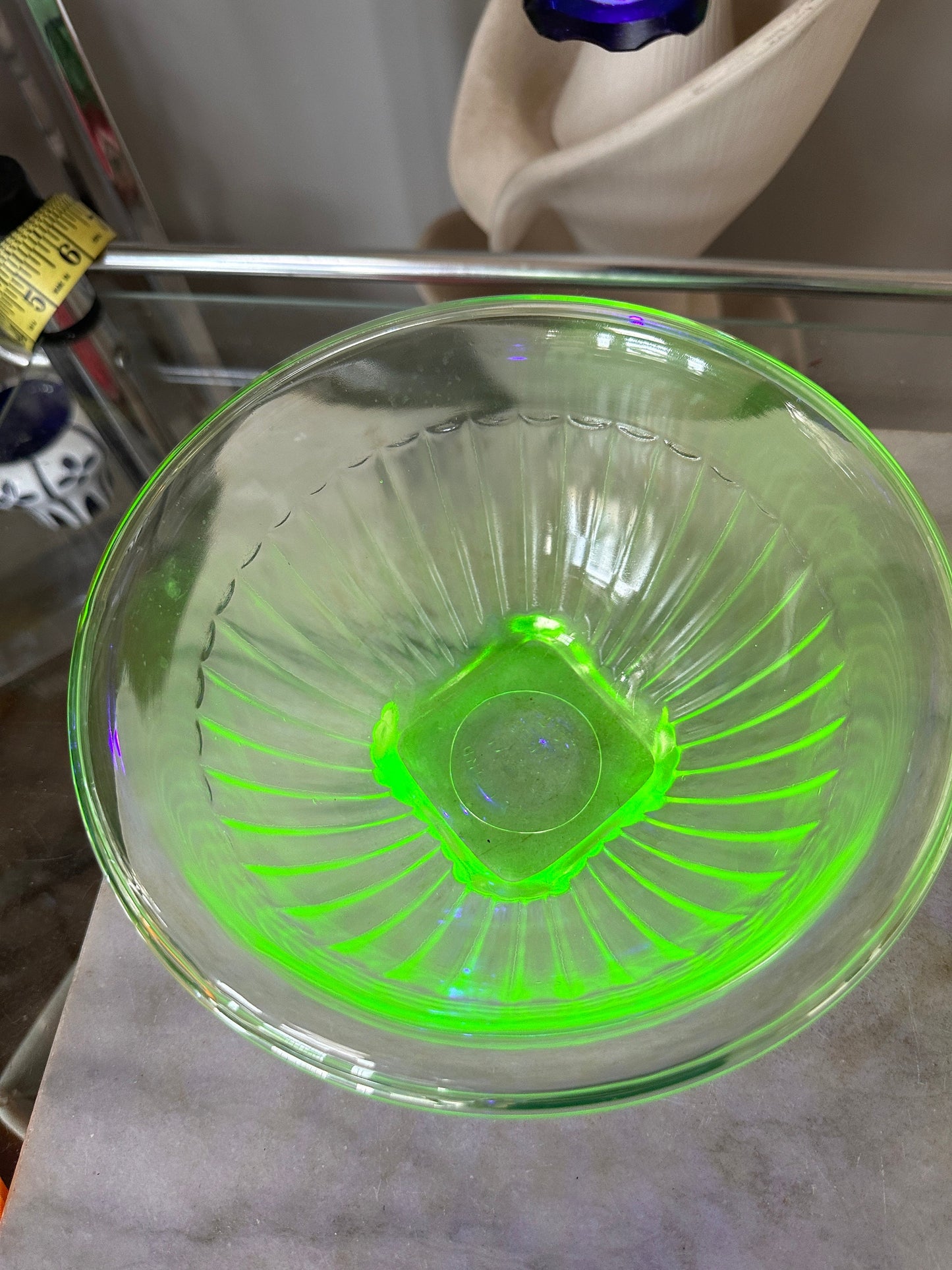 Vintage Set of 2 Green Depression Uranium Glass Mixing Bowls | Vaseline diamond crystal shaker salt bowl - green glowing Uranium Glass
