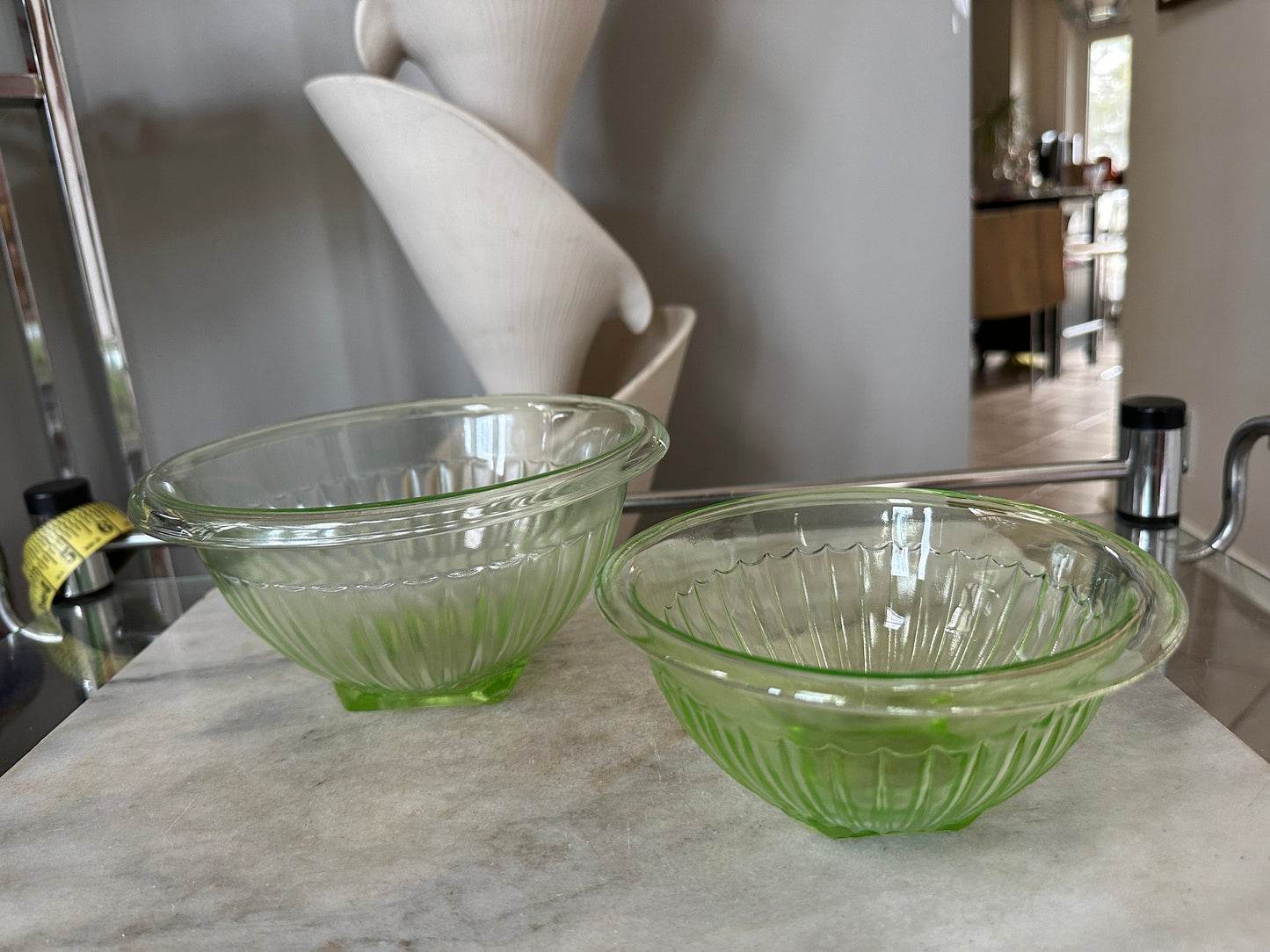 Vintage Set of 2 Green Depression Uranium Glass Mixing Bowls | Vaseline diamond crystal shaker salt bowl - green glowing Uranium Glass