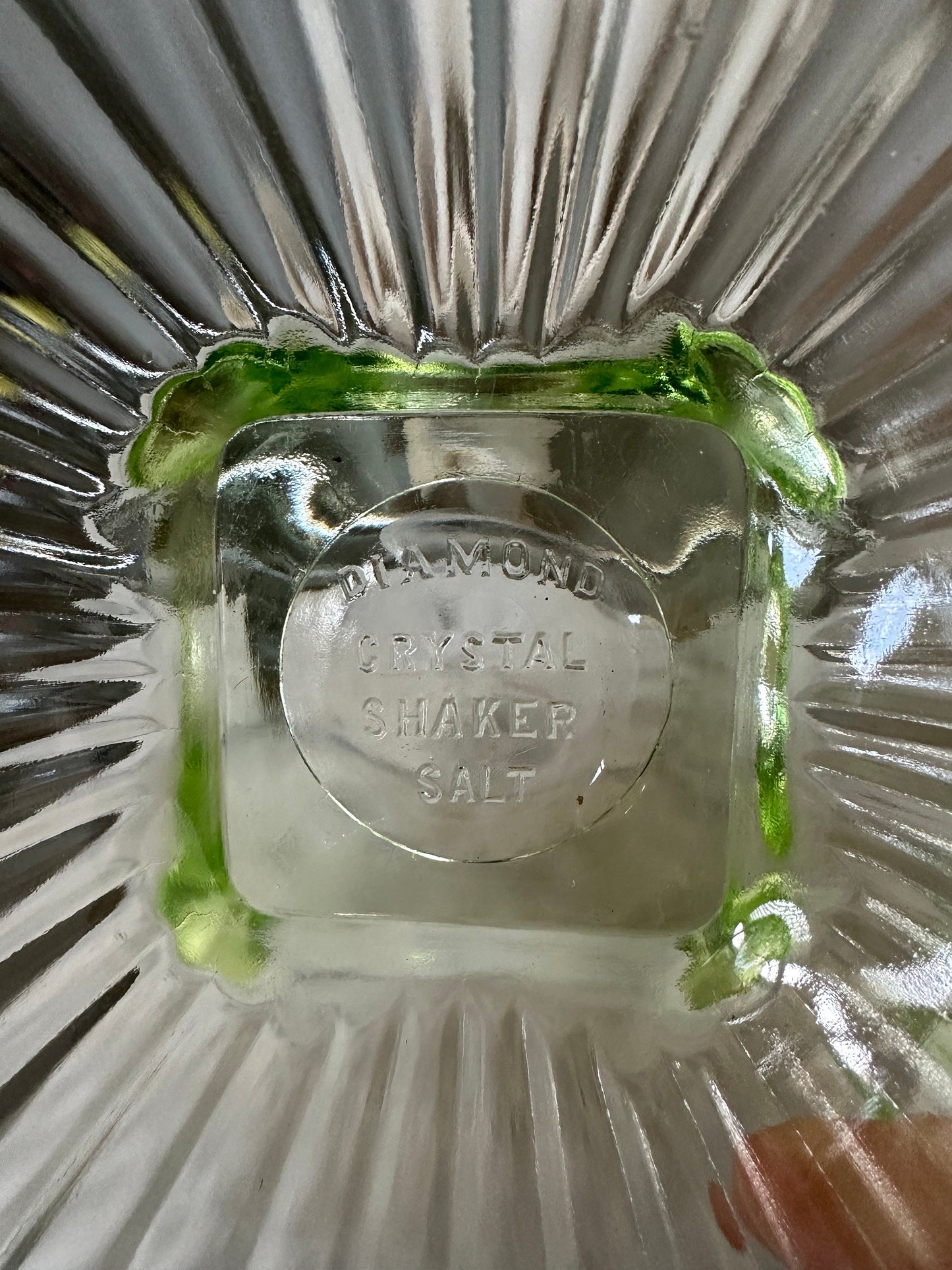 Vintage Set of 2 Green Depression Uranium Glass Mixing Bowls | Vaseline diamond crystal shaker salt bowl - green glowing Uranium Glass
